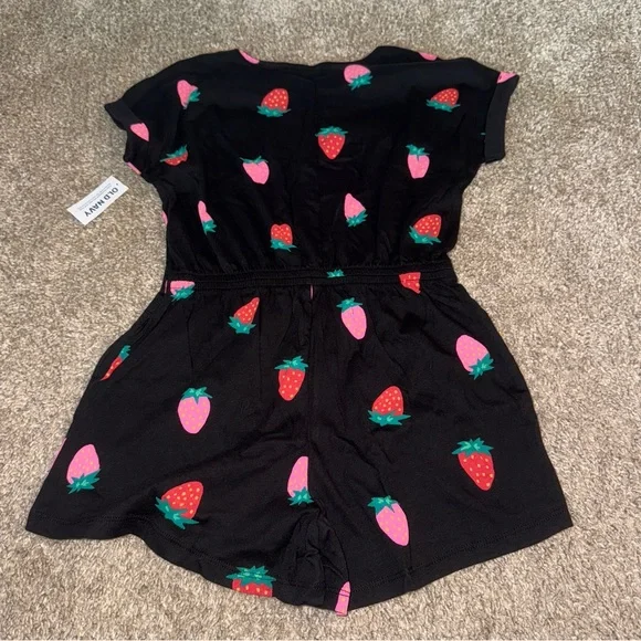 Old Navy - Strawberry Printed Short-Sleeve Button-Front Romper - Girls M (8) - Picture 5 of 6